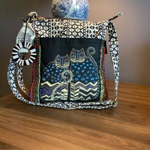 Laurel Burch Spotted Cats Crossbody with Blue, Gold and Turquoise Cat Design
